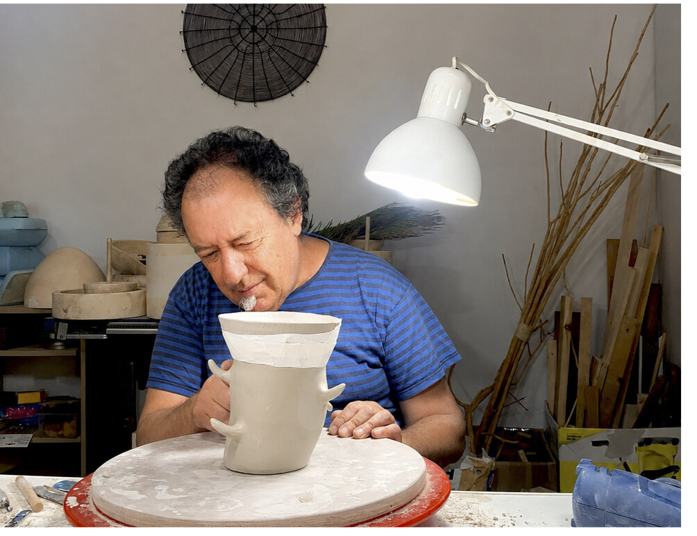 Jose Dávila traballando unha peza no taller